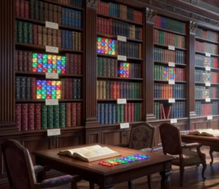 Bibliothèque royale avec étagères numérotées, cartes de niveaux et carreaux de puzzle colorés