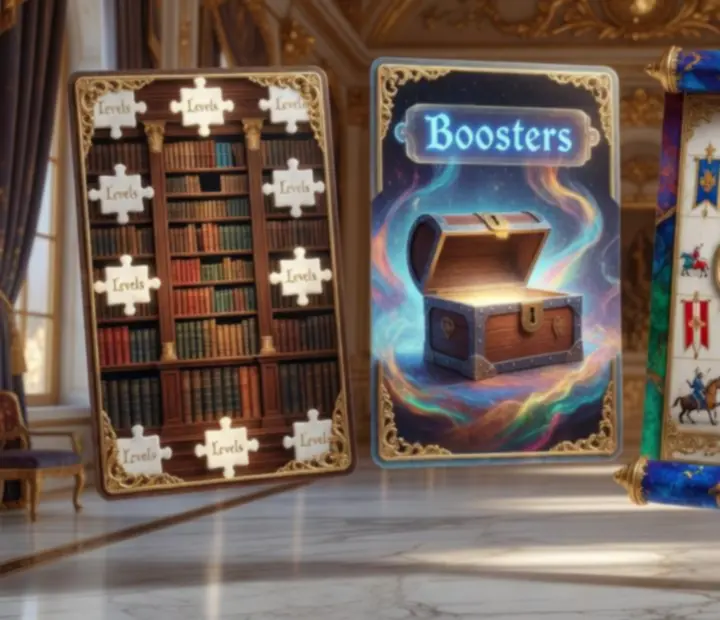 Cartes visuelles flottantes illustrant niveaux, boosters, événements et château dans l'univers Royal Match