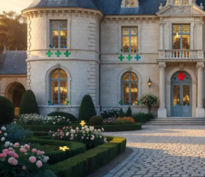 Vue éditoriale du château de King Robert avec cour pavée, jardins et façades éclairées