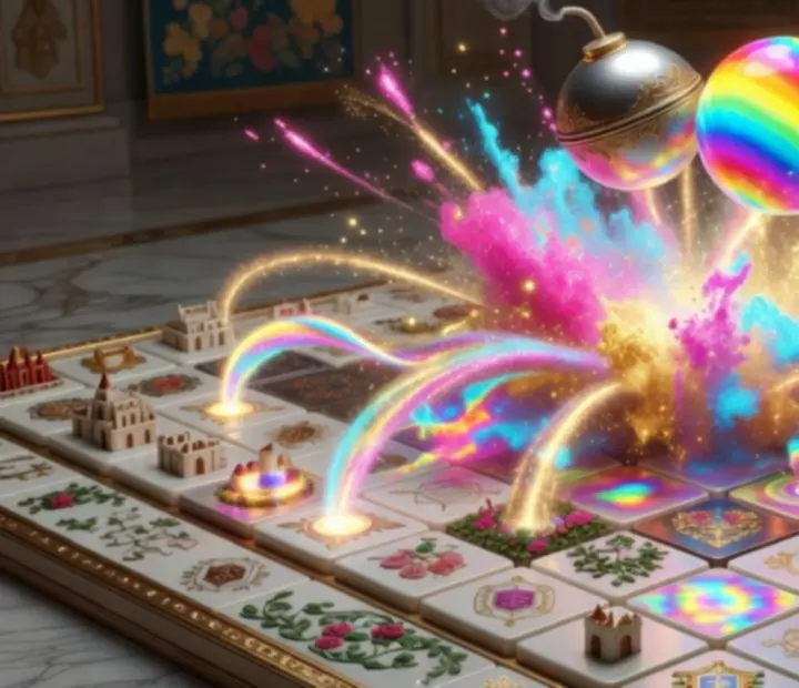 Combinaison visuelle de plusieurs boosters sur un plateau Royal Match provoquant un grand combo