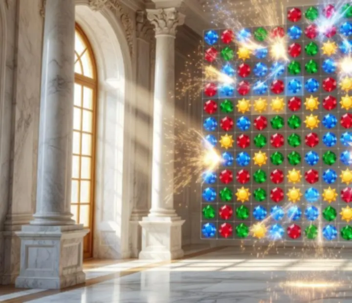 Illustration de réactions en chaîne de tuiles colorées devant un château inspiré de Royal Match