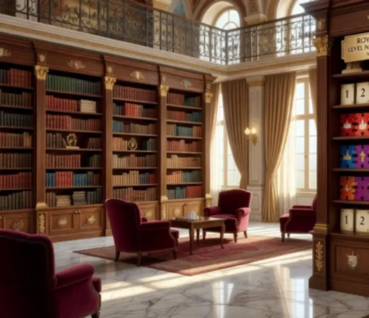 Bibliothèque royale de niveaux avec étagères illustrant les tranches de niveaux de Royal Match