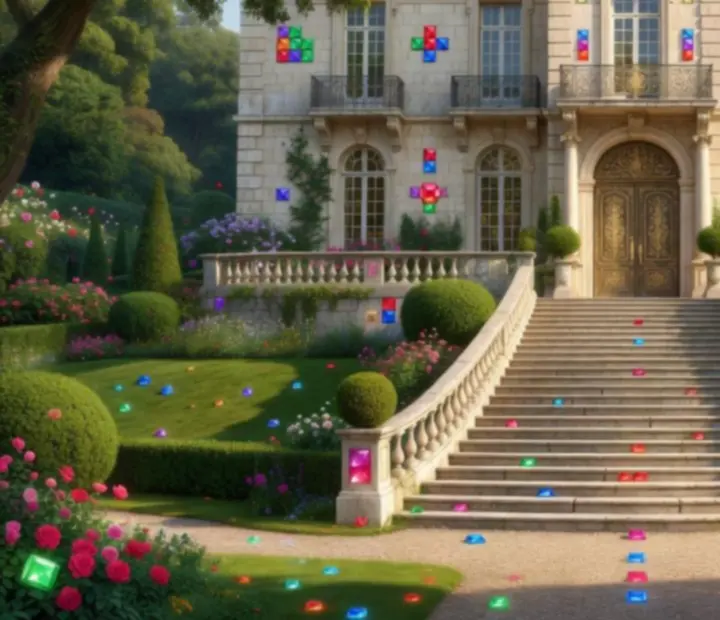 Jardin royal lumineux menant à un château français, avec des carreaux de puzzle colorés intégrés dans l'architecture