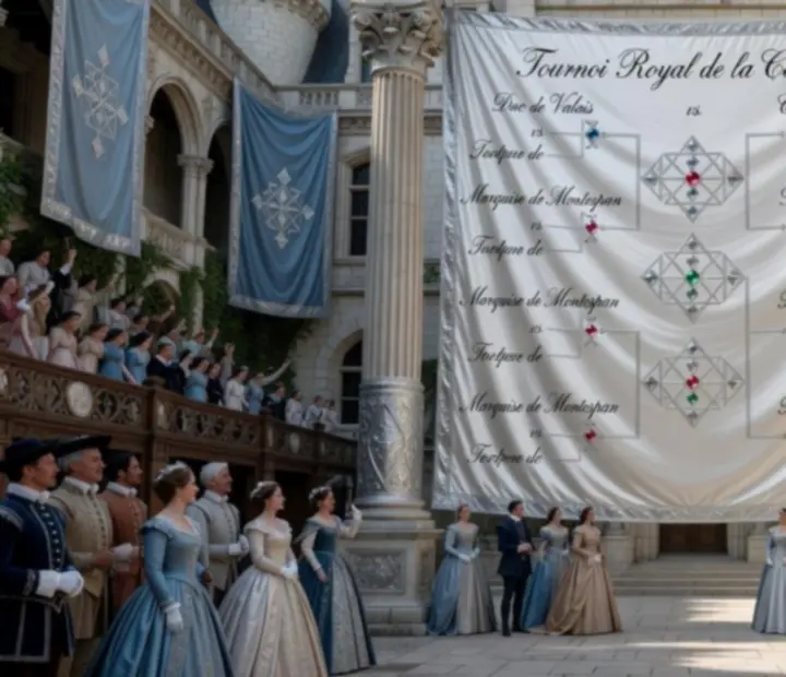 Illustration d'un tournoi royal dans les jardins d'un château, avec un calendrier d'événements lumineux