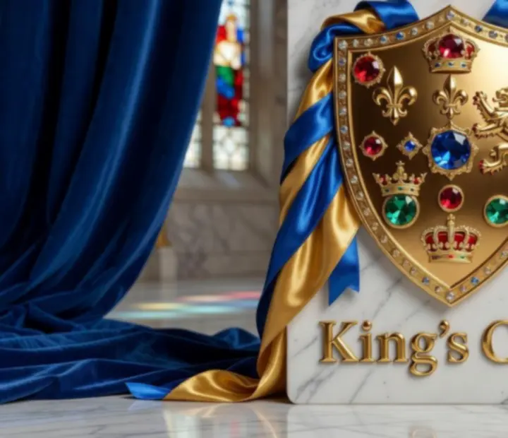 Carte illustrée de la King's Cup avec un bouclier royal et des tuiles de puzzle