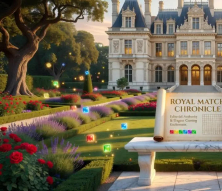 Jardin du château royal baigné de lumière avec éléments de puzzle colorés symbolisant les mises à jour de Royal Match.
