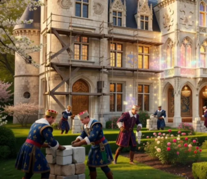 Perspective éditoriale de nouvelles ailes ajoutées au château avec échafaudages et jardins en cours de création