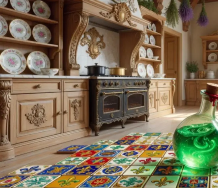 Scène de cuisine de château avec potions et obstacles inspirés de Royal Match