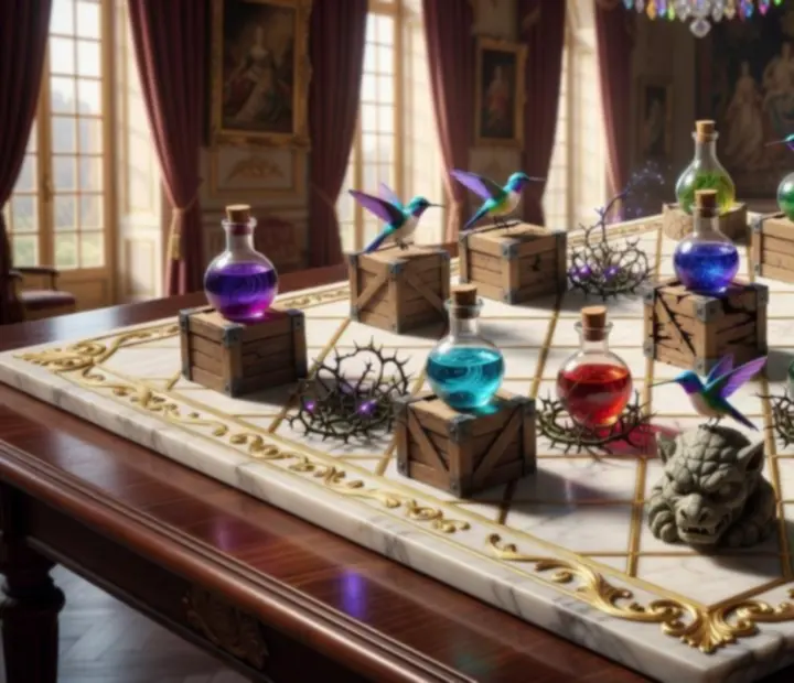 Plateau Royal Match affichant différents obstacles tels que boîtes, potions et oiseaux