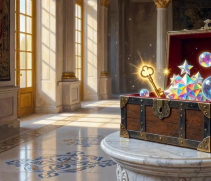 Illustration d’un coffre caché et de boosters de Royal Match obtenus en récompense