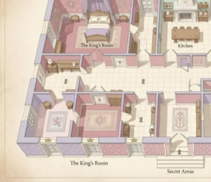 Plan illustré du château de King Robert avec différentes pièces et jardins