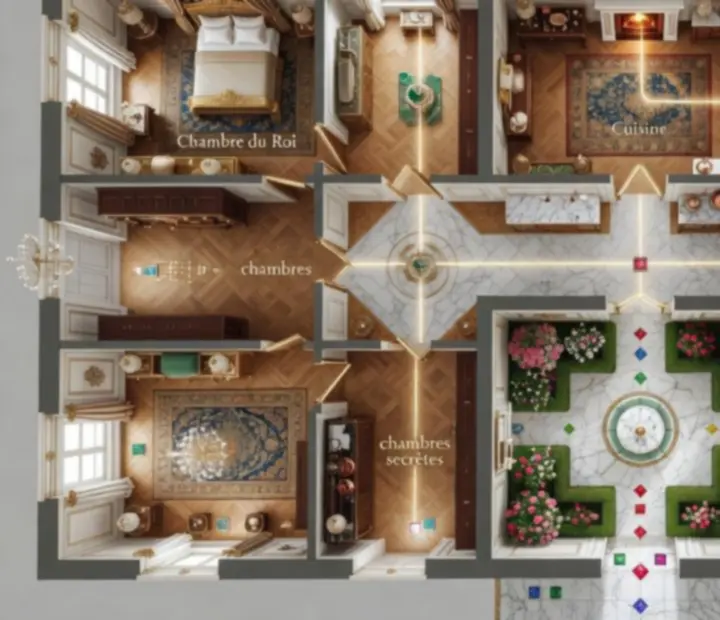 Plan illustré du château de Robert avec les principales pièces reliées par des couloirs